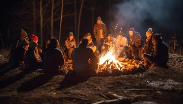 A joyful family picnic around burning coal generated by AI