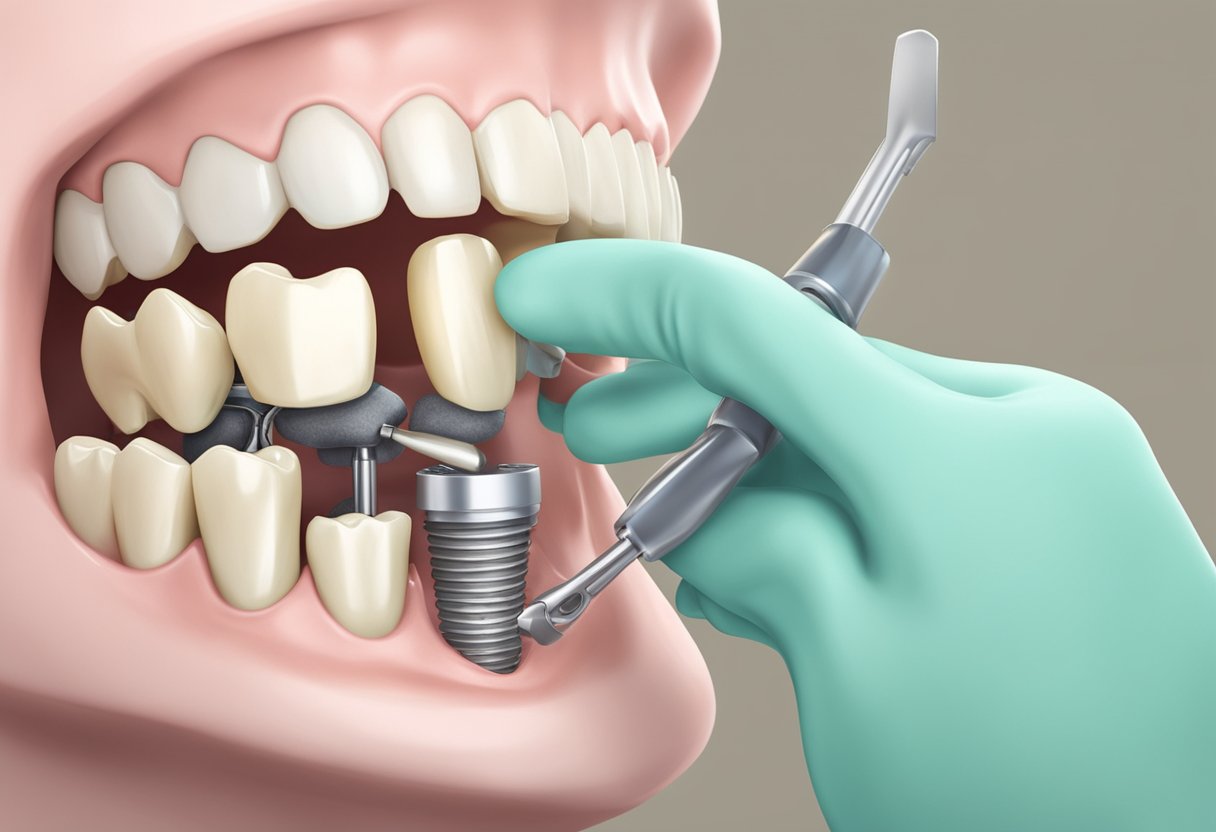 A dental implant being inserted into a patient's jawbone by a dentist using specialized tools and equipment