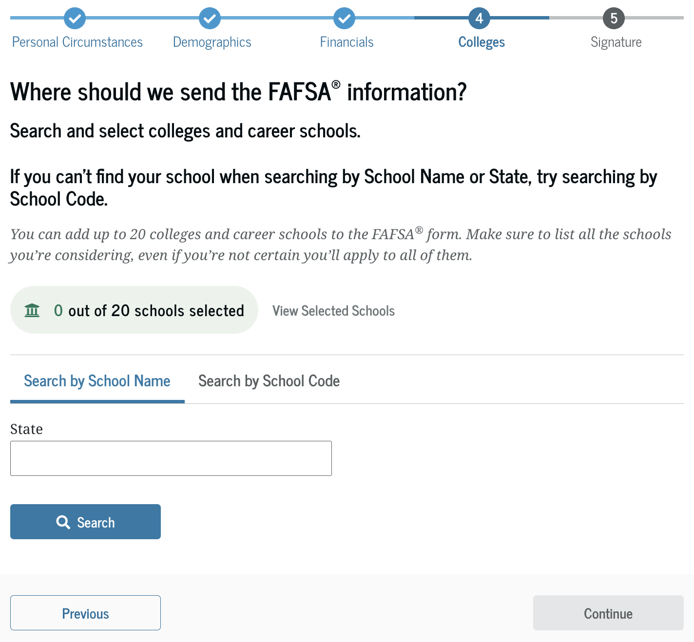 A screenshot showing how to search for schools in the FAFSA form to send FAFSA information.