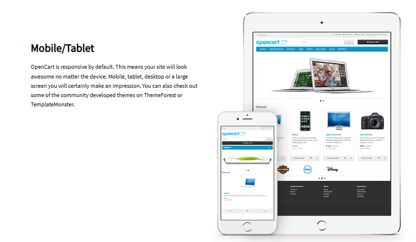 The image is a screenshot from OpenCart's features page. It tells how OpenCart is a platform that lets you design mobile friendly and responsive online stores.