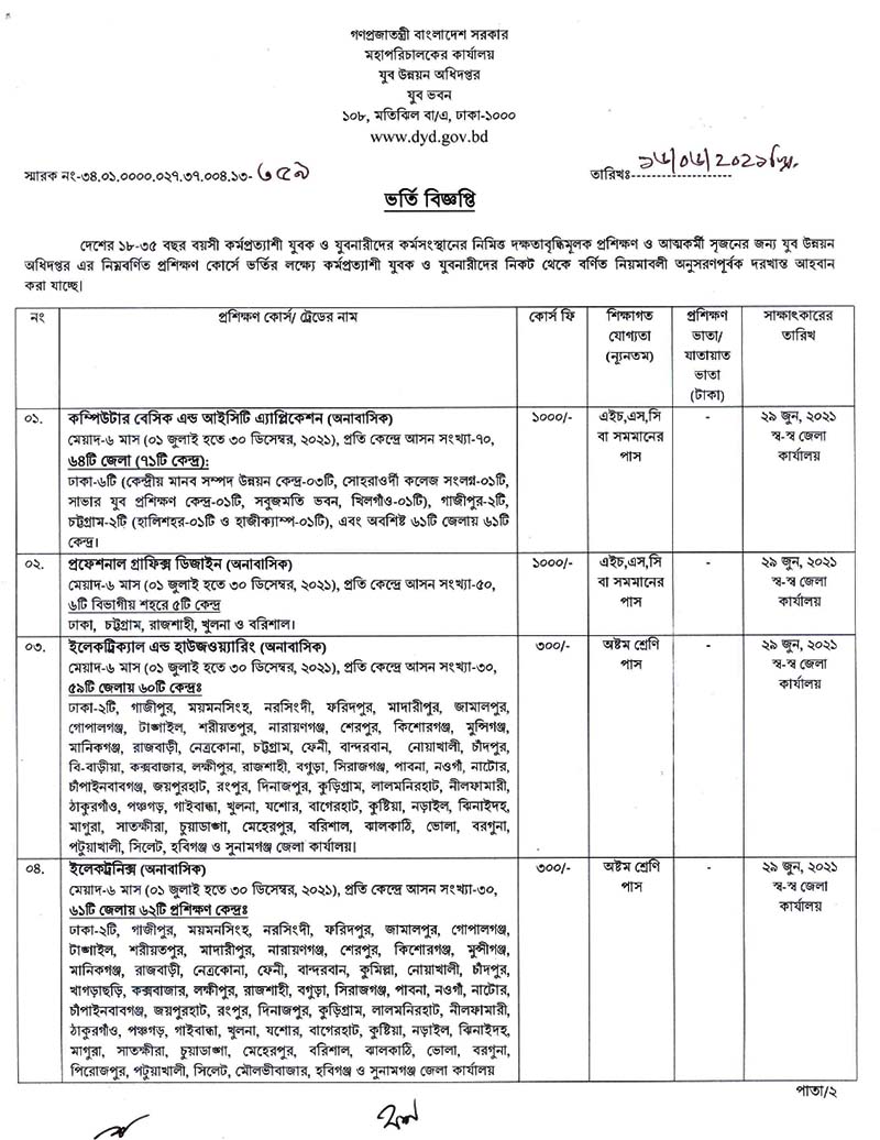 DYD Training Admission Circular 01 2021