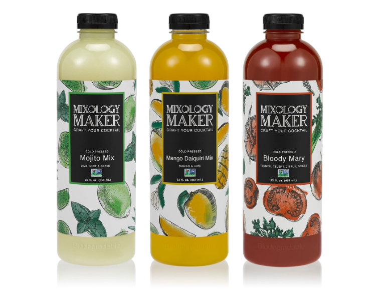  A cocktail mixer product line of mojito mix, mango daiquiri mix, and bloody mary mix with hand-drawn fruit illustrations and a black and white logo for color contrast 
