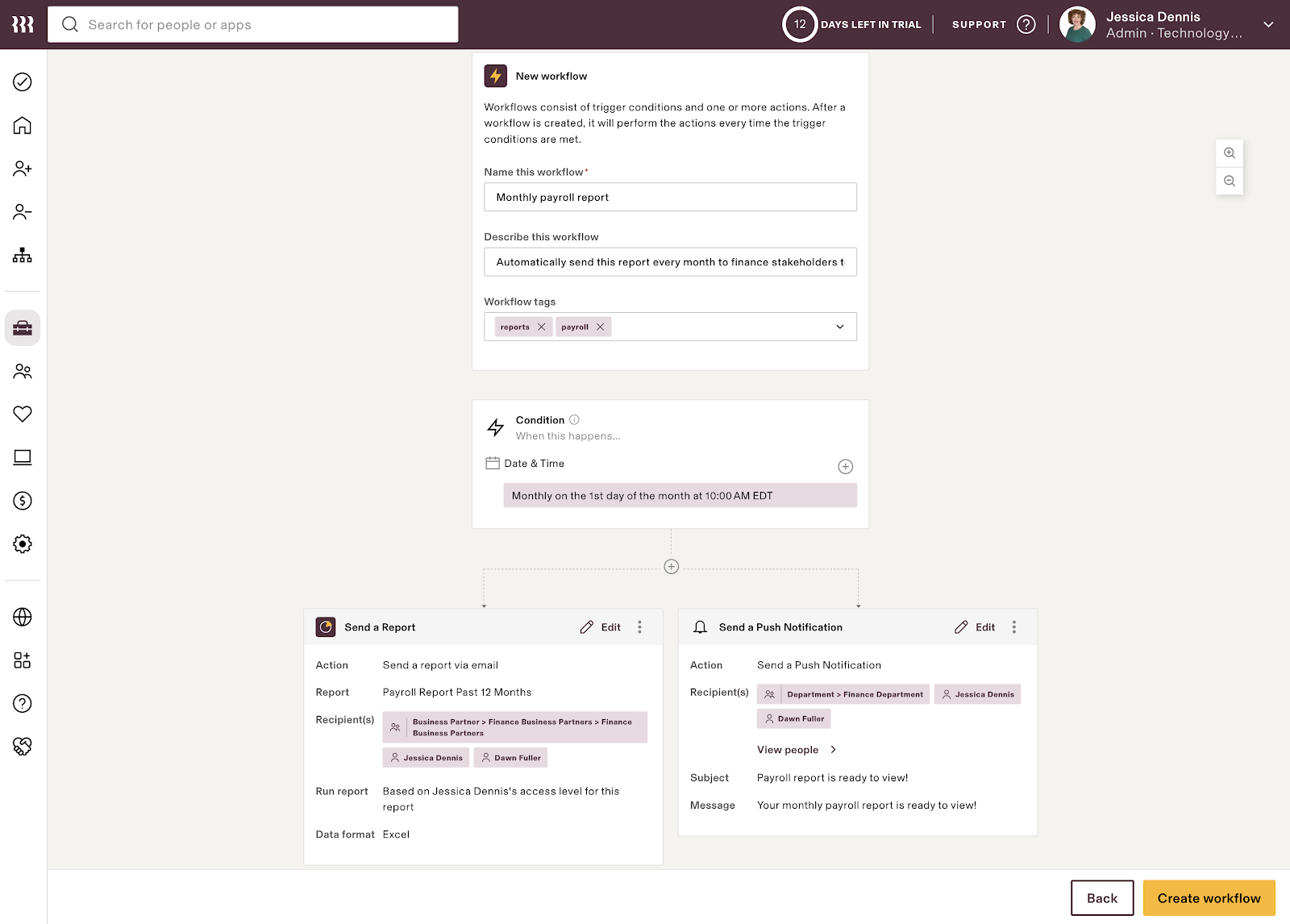 Rippling displays a workflow diagram with the action blocks “send a report” and “send a push notification” branching off from the trigger block “monthly on the 1st day of the month at 10:00 AM.”