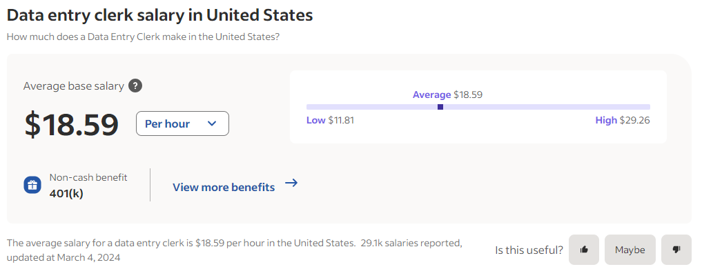 A screenshot of data entry salary in US