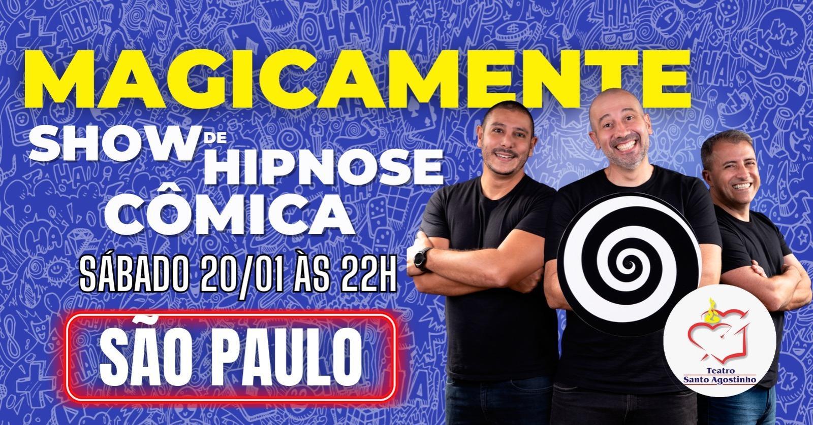 Banner do evento "Magicamente - Show de hipnose cômica", parte da programação infantil em São Paulo