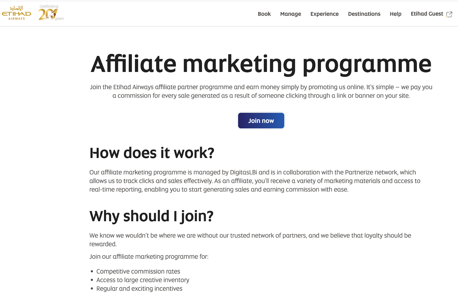 Etihad's affiliate partner program page on their website
