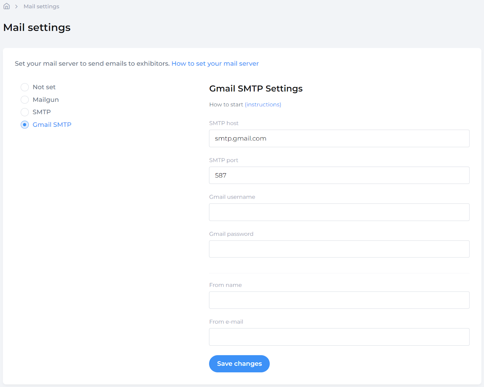 ExpoFP mail settings page