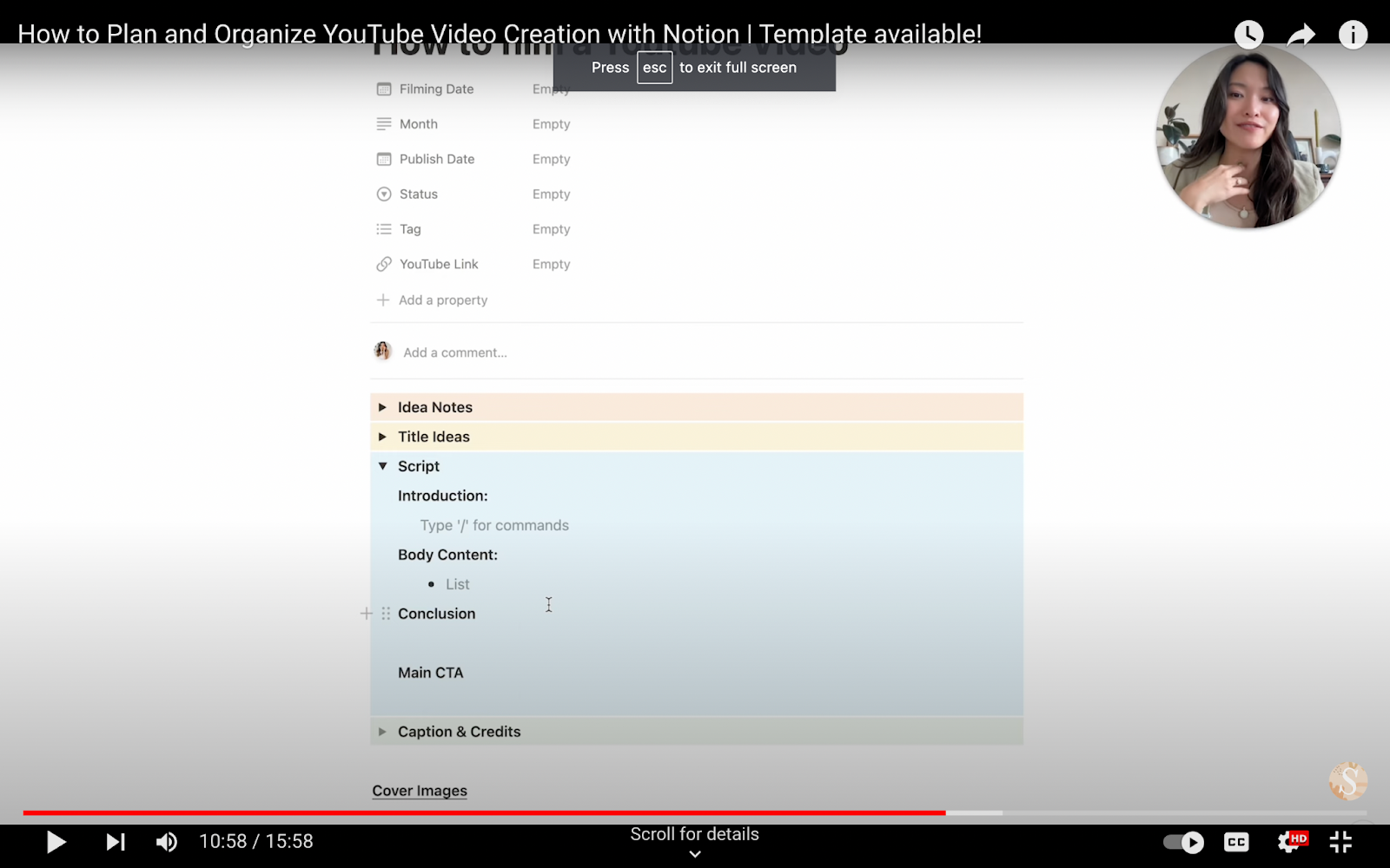 A look inside Cheryl's process for writing a YouTube video script on Notion.