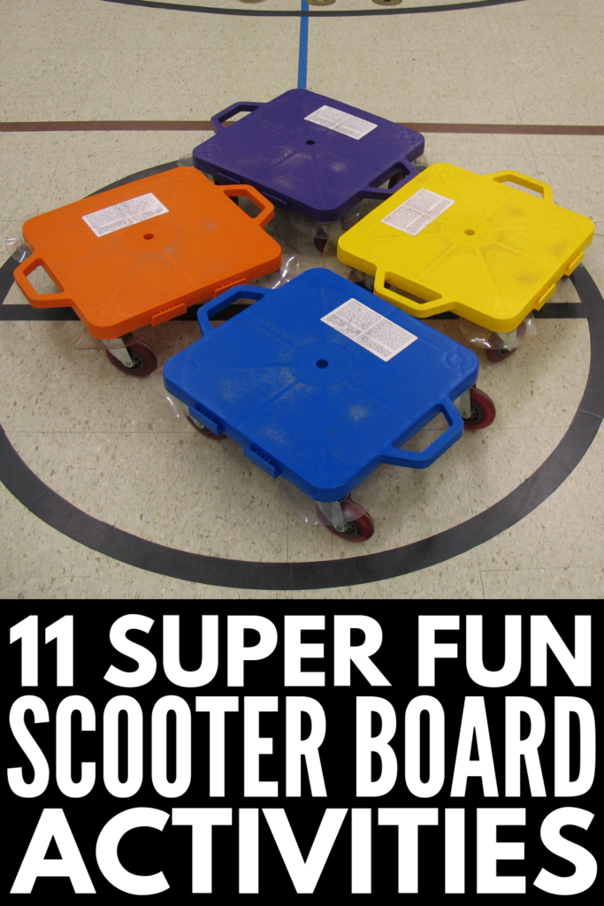 11 Scooter Board Activities | Looking for fun occupational therapy ideas to do at home or in the classroom to develop a child’s gross motor skills, improve focus for greater learning, reduce stress and anxiety, and help with self-regulation? From awesome ideas children can do independently, to obstacle course inspiration for teachers and therapists who have access to a gym, these heavy work activities for kids are so much fun! #scooterboard #grossmotor #grossmotoractivities 