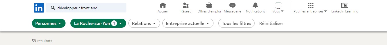 Capture d’écran de la recherche LinkedIn "développeur front end" à La-Roche-sur-Yon