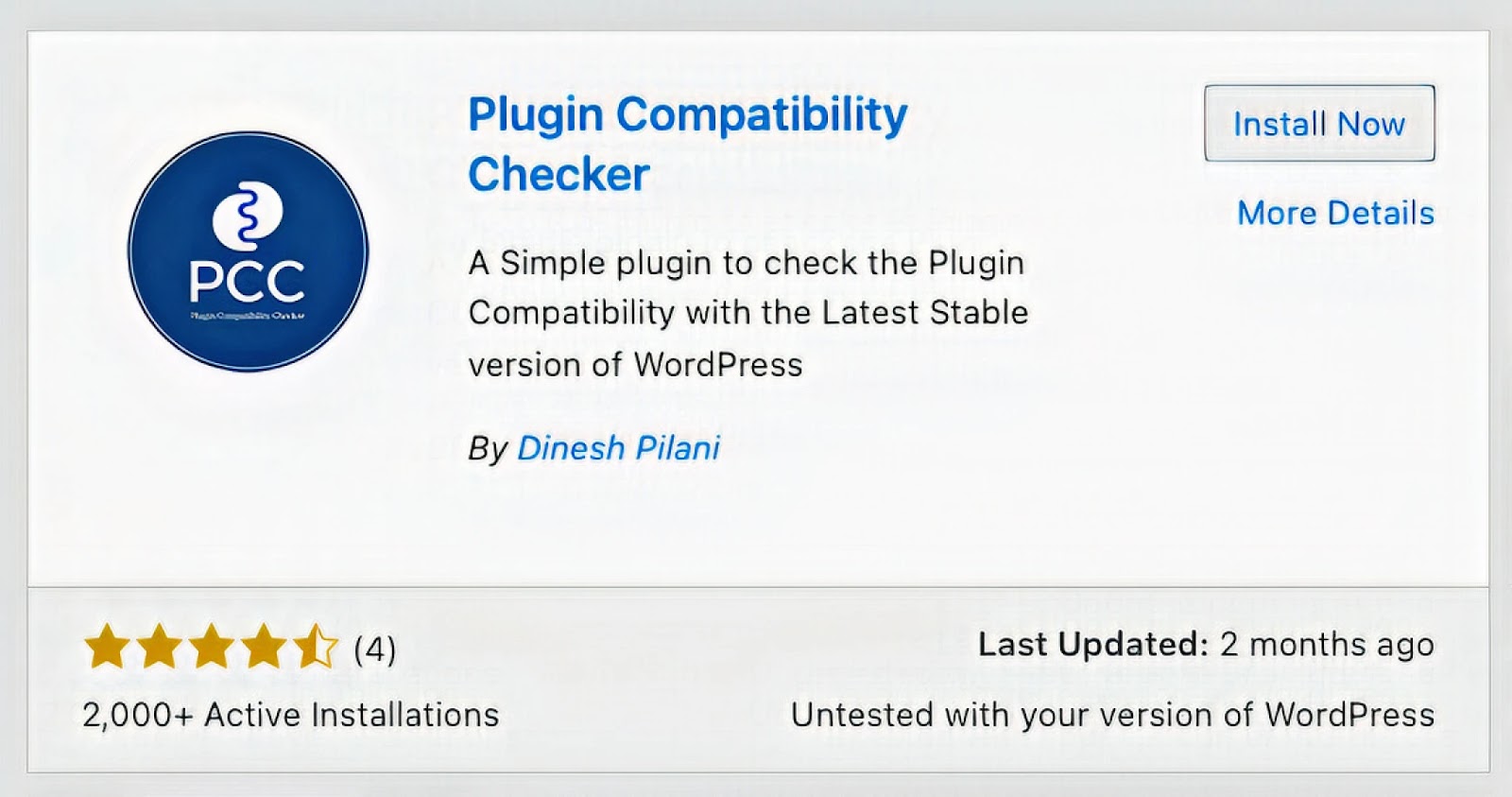 "Plugin Compatibility Checker" en foco con su descripción, botón para instalar, última actualización y calificación promedio de 4 estrellas.