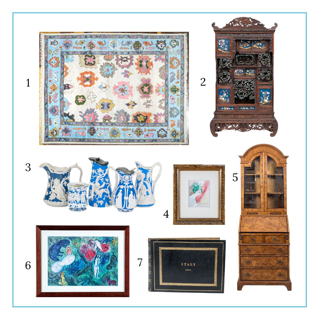 Andrea's selection includes: wool carpet, large scale display cabinet, blue and white relief, watercolor painting, grand secretary desk, Chagall print, and an antique book