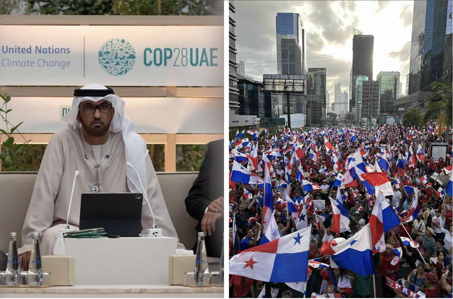 Left: The COP28 President sits in a meeting. Right: A huge crowd waving Panamanian flags flood Panama City.