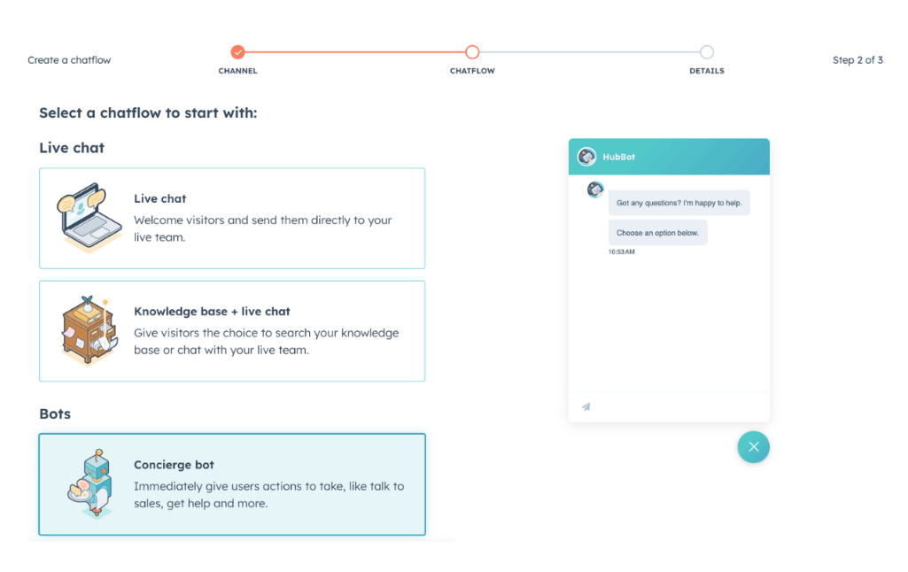Screenshot of HubSpot AI chatflow options in Service Hub