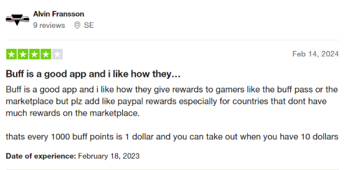 A 4-star Trustpilot review from a Buff user who likes the app but wishes they would add PayPal rewards. 