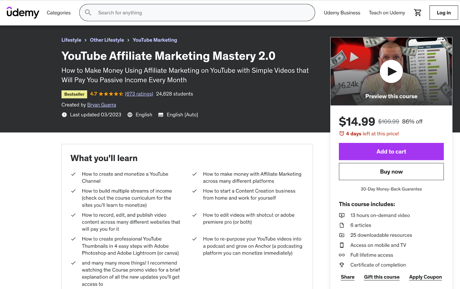 YouTube Affiliate Marketing Mastery 2.0 course page on Udemy