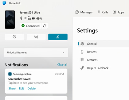 Phone Link app displaying Settings on a Windows PC