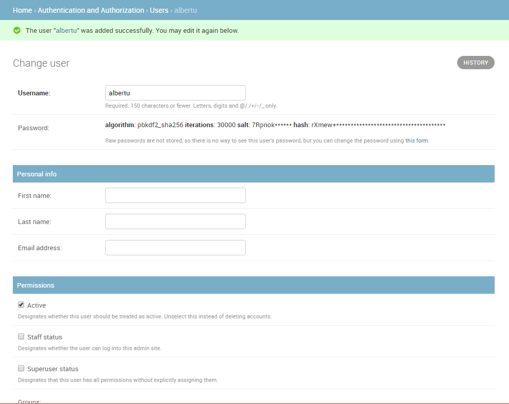 A screenshot of how to modify permissions in Django admin, featuring a user called "albertu"
