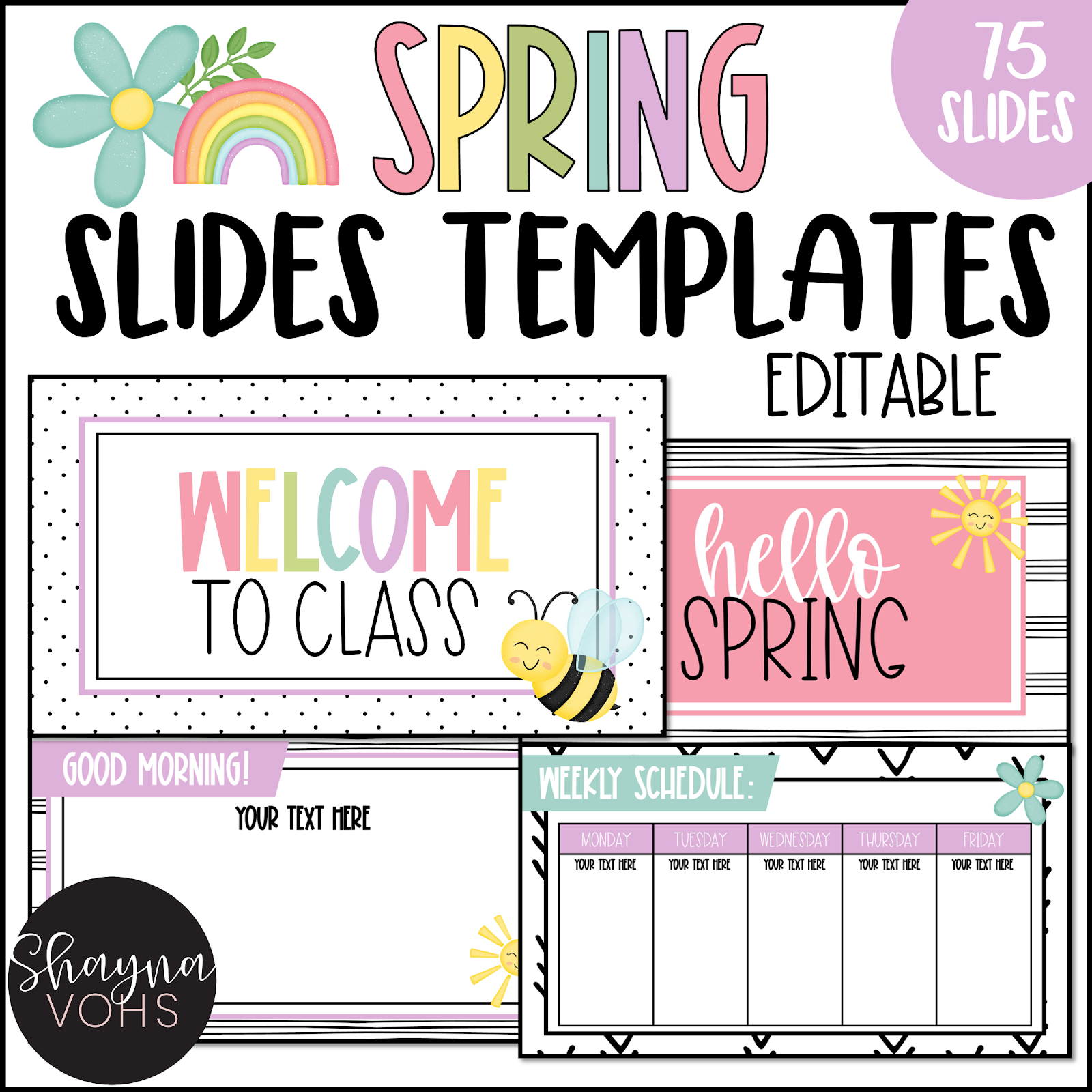 This image shows a selection of four different slide templates. They are all spring themed. The text at the top reads "Spring Slides Templates Editable". 