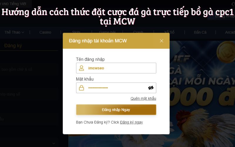 Hướng dẫn cách thức đặt cược đá gà trực tiếp bồ gà cpc1 tại MCW