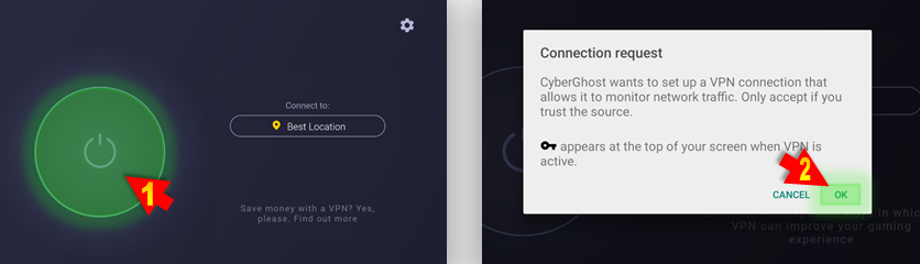 Screenshot of CyberGhost VPN connection request