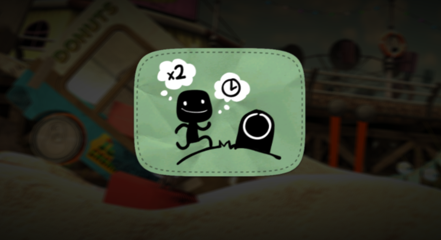 A ui graphic from littlebigplanet hub. sackboy appears with a x2 next to his head. a thought bubble shows a clock. A checkpoint is to sackboy's right. 