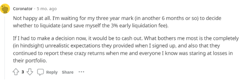 A Reddit post from an unhappy investor who says Vinovest was still reporting high returns while their portfolio was losing money.