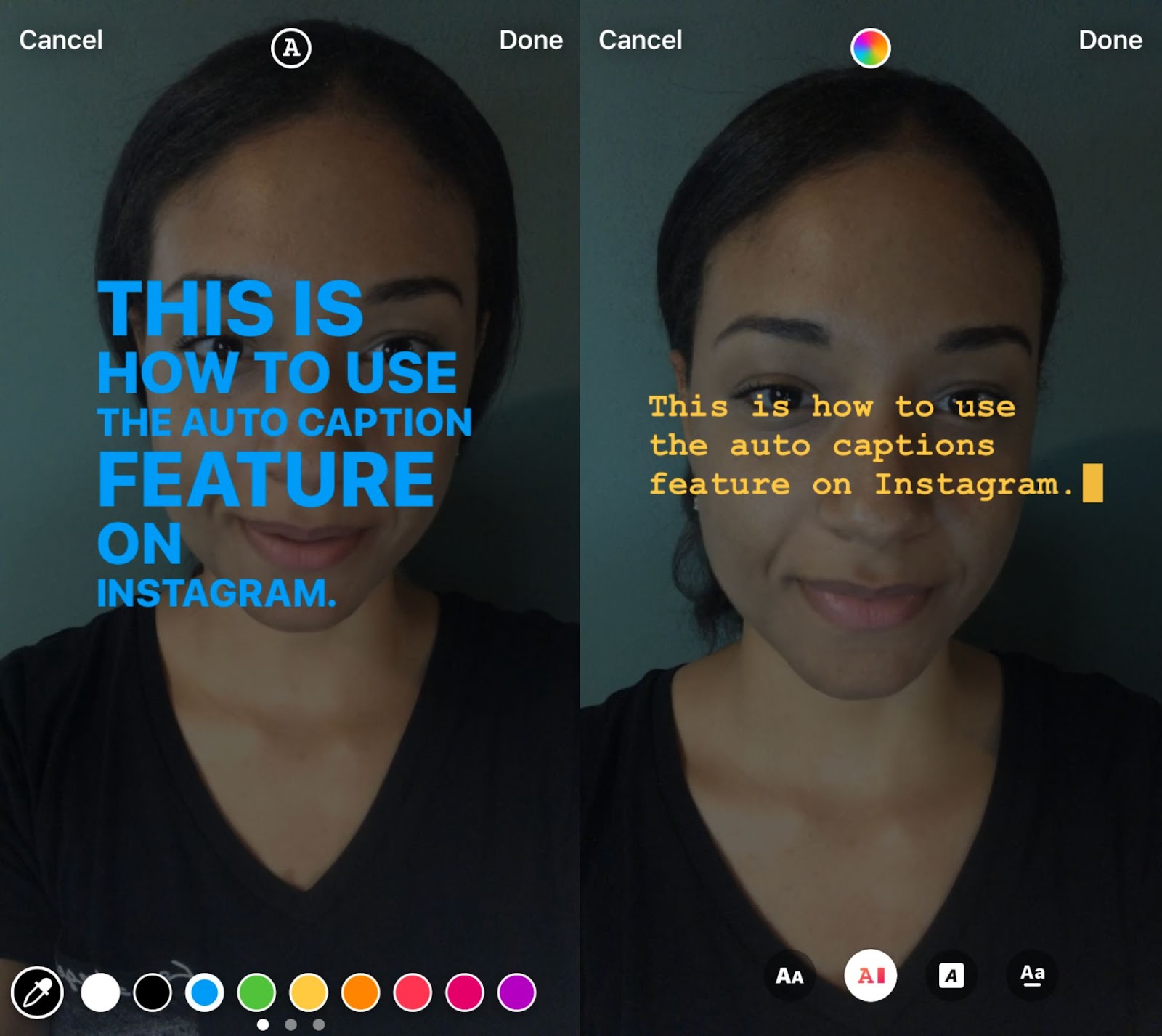 two screenshots showing two text effects from Instagram's auto-caption sticker