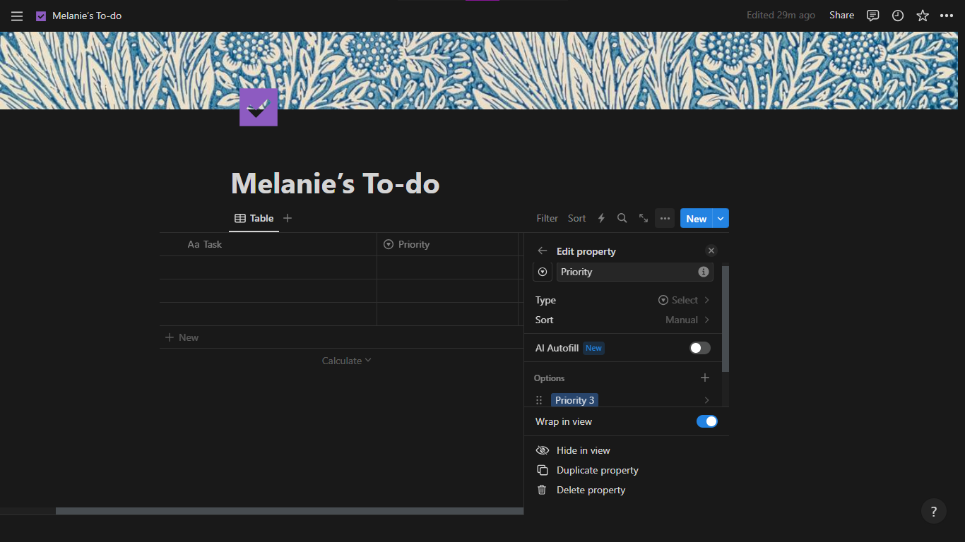 Melanie's To-do Notion page with a table and pop up on display.
