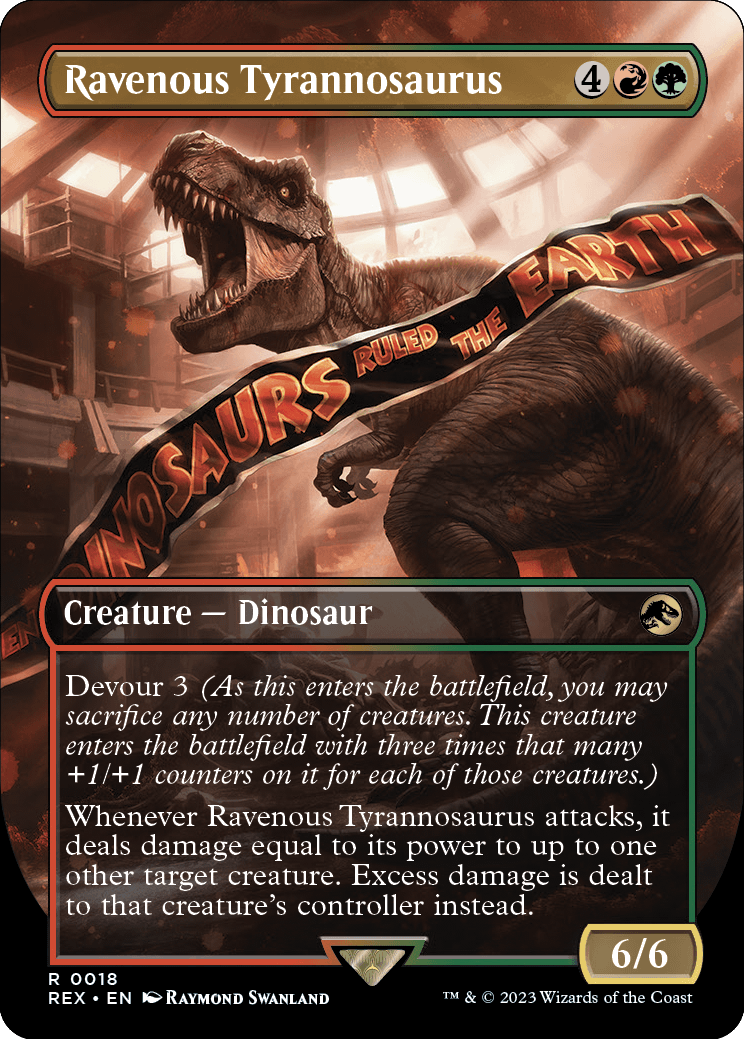 A card with a dinosaur and a banner Description automatically generated