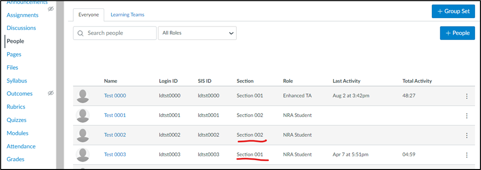 screenshot of People tab with students and their course sections