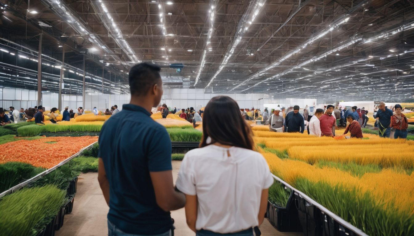 Farmers discussing agriculture practices in a large expo hall.