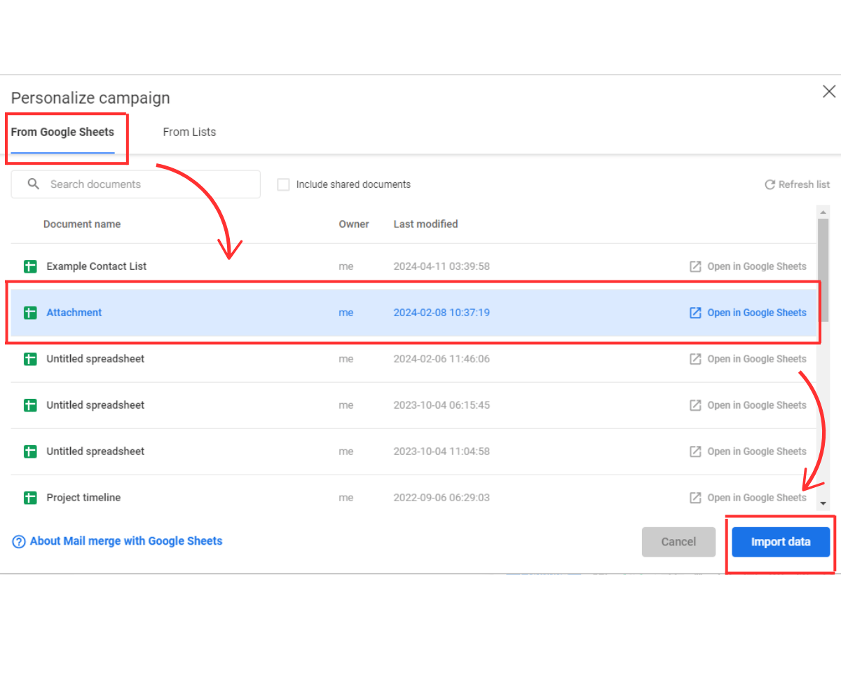 From Google Sheets, selecting a file called "Attachment" and clicking Import data