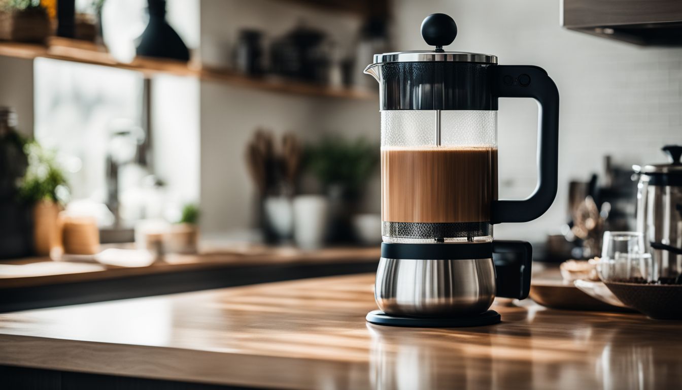 A stylish coffee press sits on a clean kitchen counter.