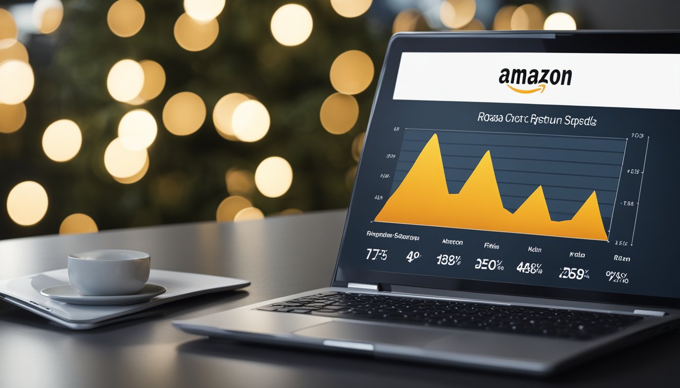 A laptop displaying Amazon's ROAS metrics with a graph showing a positive return on ad spend