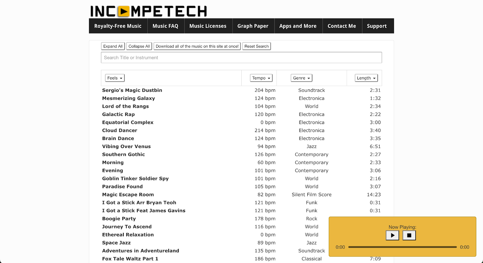 incomptech website homepage