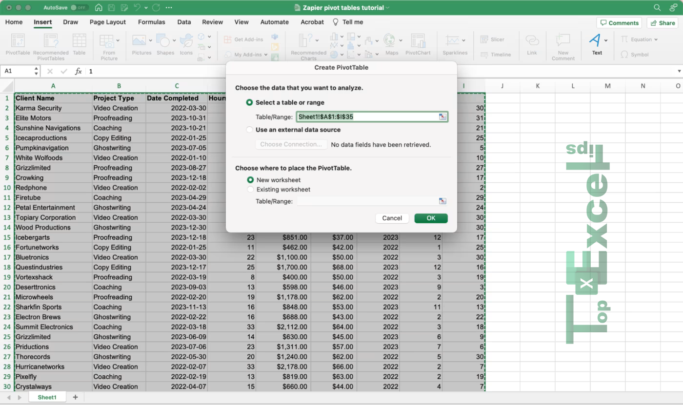 this image shows the process of In the desktop app, the Create PivotTable popup lets you choose the data to analyze and where to place your pivot table.