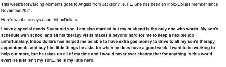 A user testimonial on the InboxDollars site from a happy user who enjoys earning money for gas and small gifts for her disabled son. 