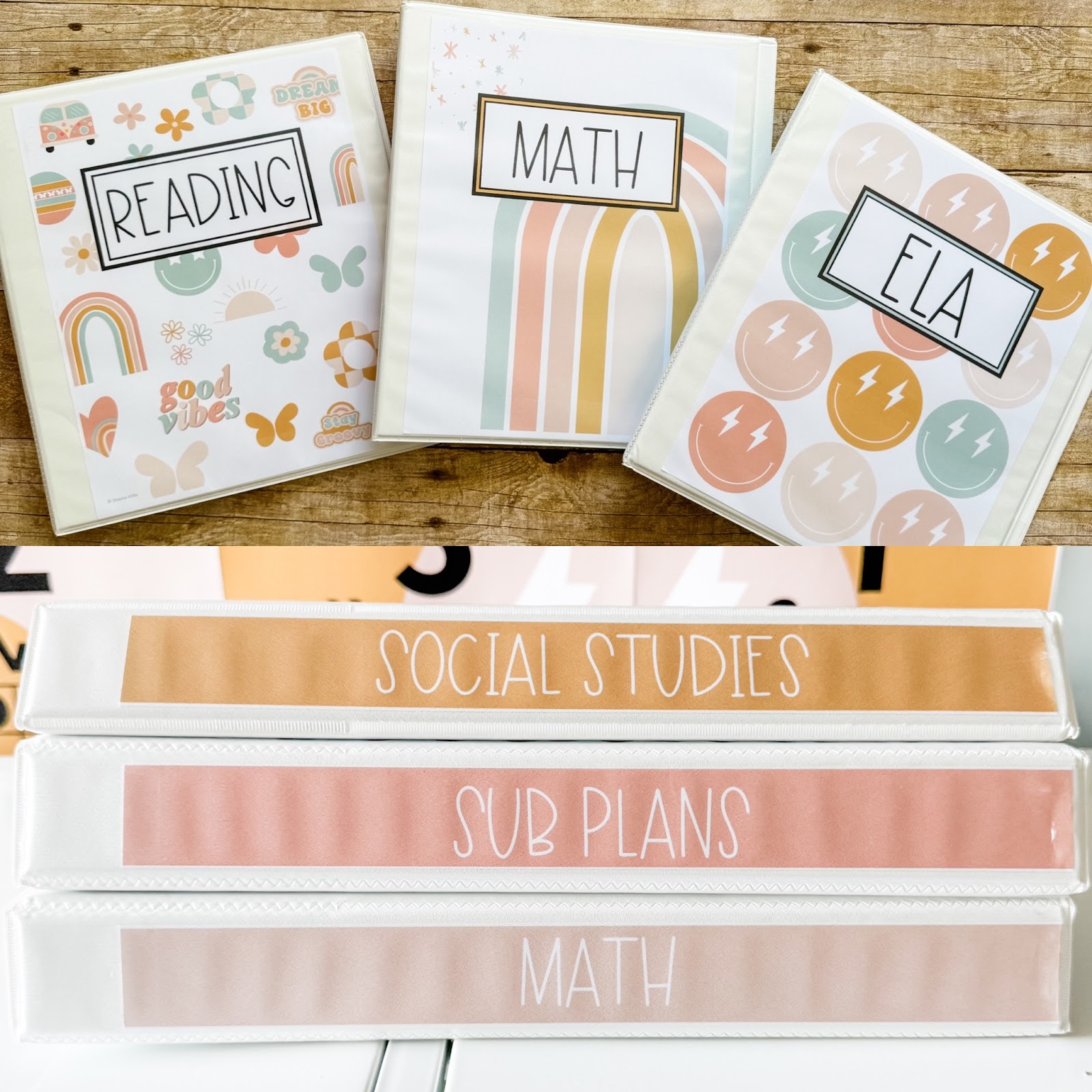 This image shows three binders with pastel retro designs labeled, "Reading", "Math", "ELA". The image beneath shows spines in the pastel colors reading "Social Studies", "Sub Plans", and "Math". 