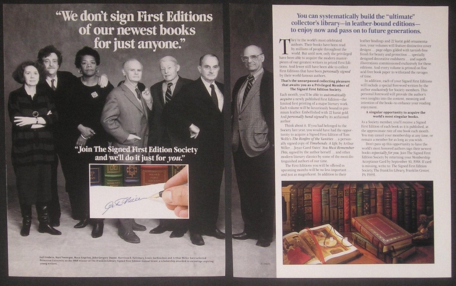 Photo of a magazine page with an ad for the Signed First Edition Society. The quote above a group shot of people says "we don't sign First Editions of our newest books for just anyone."