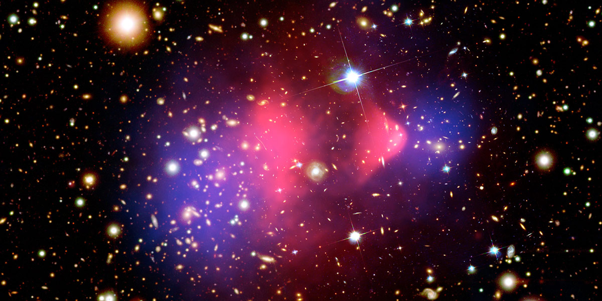 Image: X-ray: NASA, CXC, and M.Markevitch et al. Optical Credit: NASA, STScI, Magellan, U.Arizona, and D.Clowe et al.; Credit Lensing Map: NASA, STScI, ESO WFI, Magellan, U.Arizona, and D.Clowe et al.