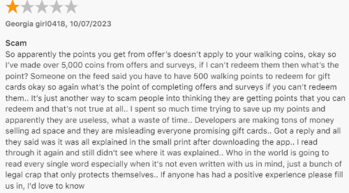 A 1-star Apple App Store review from a CashWalk user frustrated that the points they earn on non-walking offers like games and surveys can't be used to redeem rewards. 