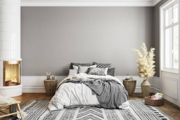 Grey bedroom with rug