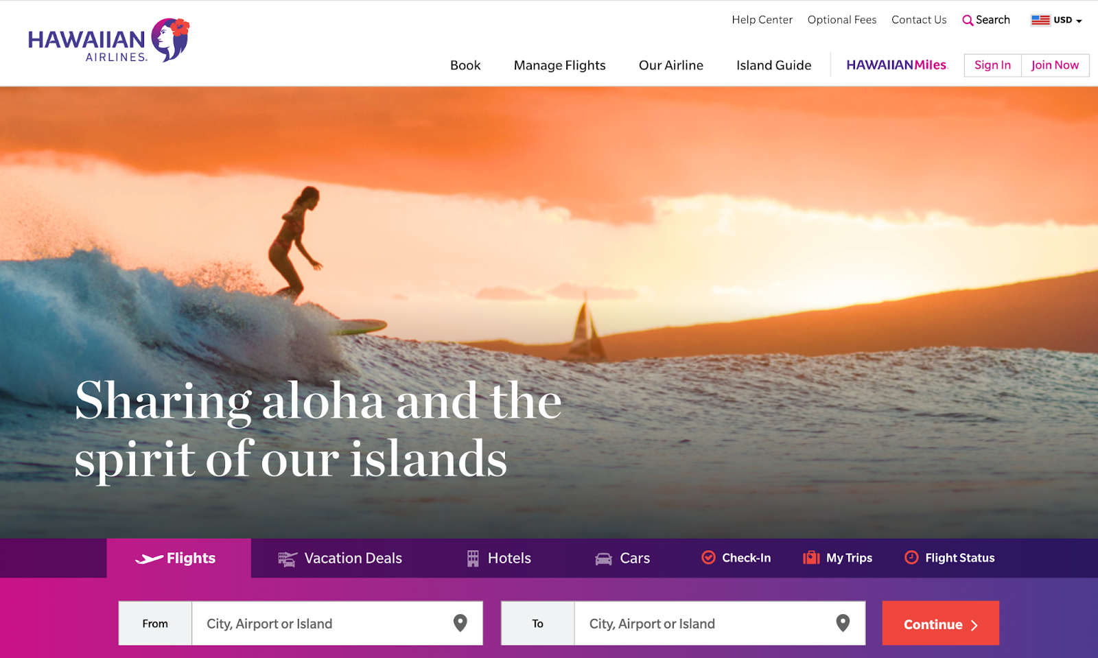 Hawaiian Airlines flight booking page