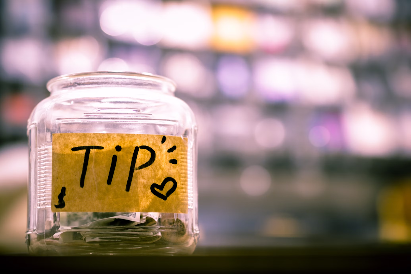 Clear glass jar with sticky note that has the word "TIP" written on it
