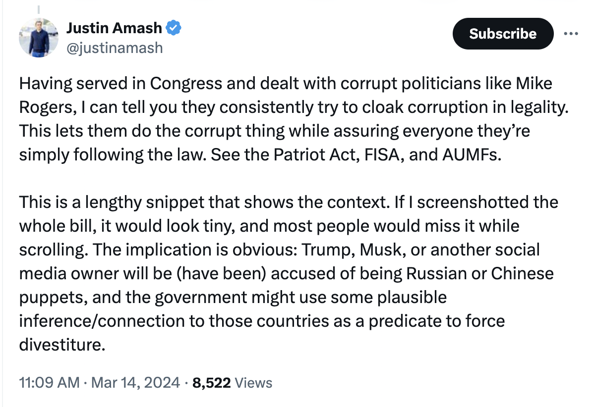 Justin Amash tweet attacking Rogers as a corrupt politician. 