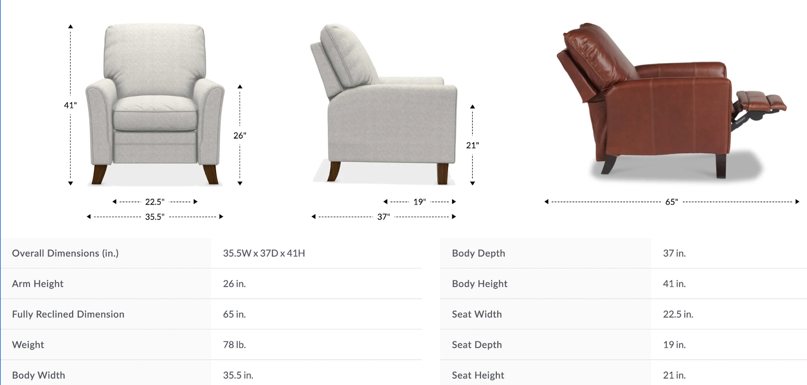 riley high leg recliner dimensions