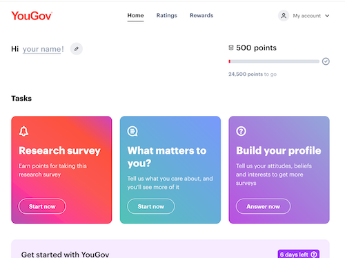 The YouGov website inviting users to build their profiles, participate in research surveys to earn rewards, and talk about what matters to them. 
