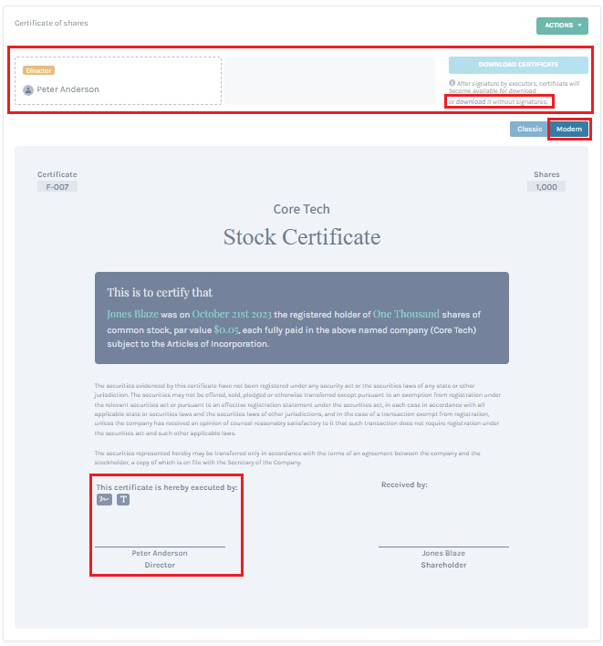 certificate of shares 