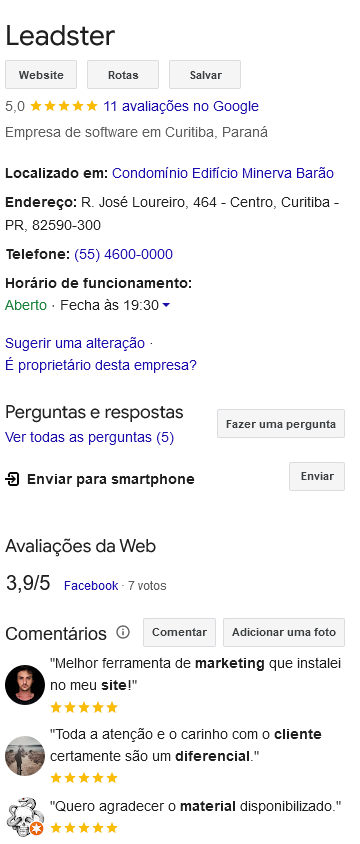 Captura de tela da página da Leadster no Google Meu Negócio, mostrando endereço, telefone e outras informações. 